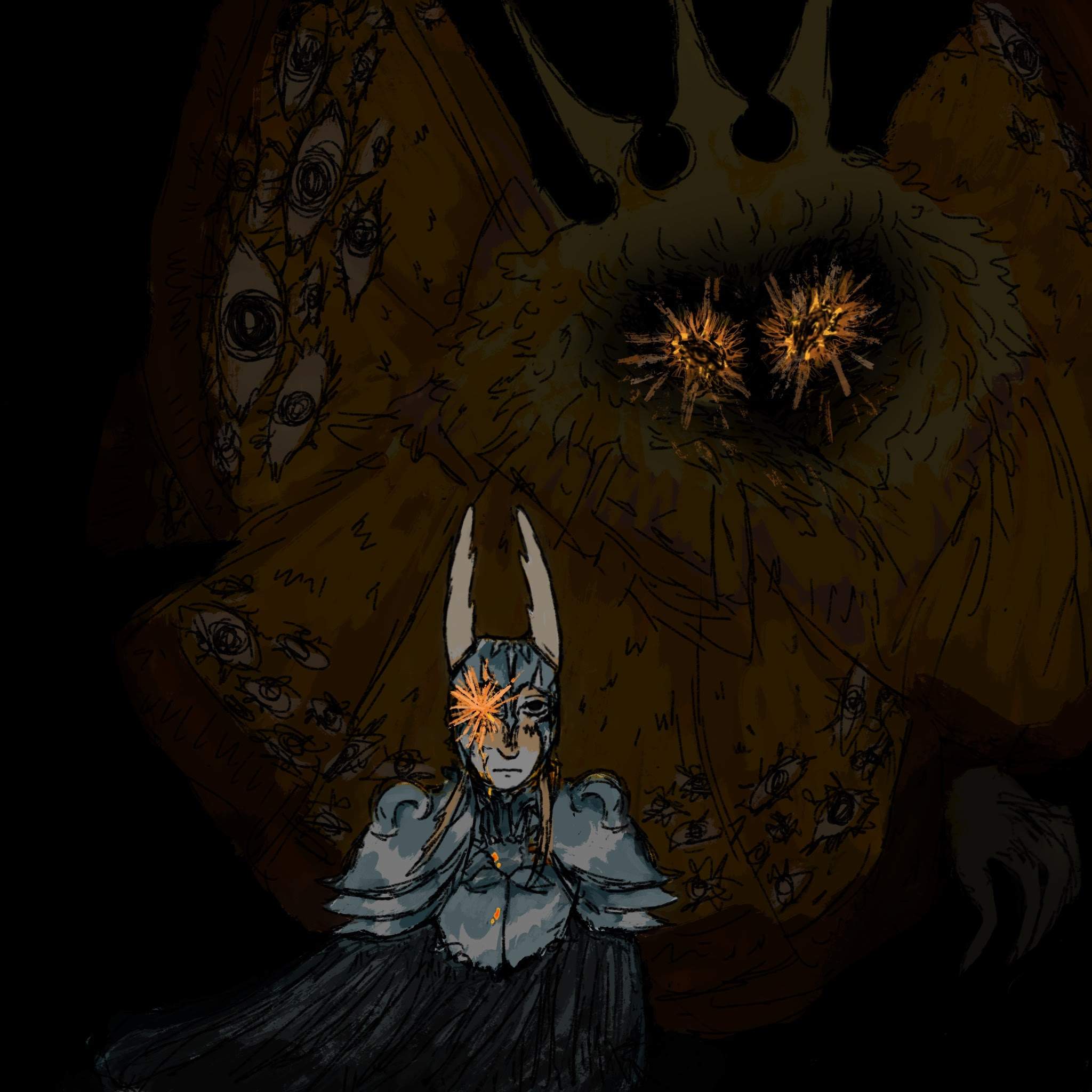 A dark portrait of a humanoid version of The Radiance and The Hollow Knight.

The Hollow Knight is standing solemnly, looking directly at the viewer; their right eye glowing with the Radiance’s infection, unable to be contained. A few drops of the infection drip down their face onto their cuirass, which is adorned with a stylized insignia of the Pale King. Upon their shoulders is a three-layered spaulder, underneath which is a dark cloak, blowing slightly in the wind, almost entirely hidden by shadows. On their head sits a helmet, with two three-pronged horns. The helmet itself is adorned with various decorations resembling the Pale King’s crown.

Behind them is the Radiance. Though her face is covered by darkness, her human eyes are visible, glowing in a similar fashion to the Hollow Knight, as she too gazes at the viewer. Her expression is hard to place but appears to be more fierce than anything else. The rest of her body, including her crown; long hair; and moth wings, which are covered with many eyes; are also shrouded, just like her face, in darkness. Her long, manicured, right-hand is casually reaching out from the folds of her wings towards nothing in particular.
