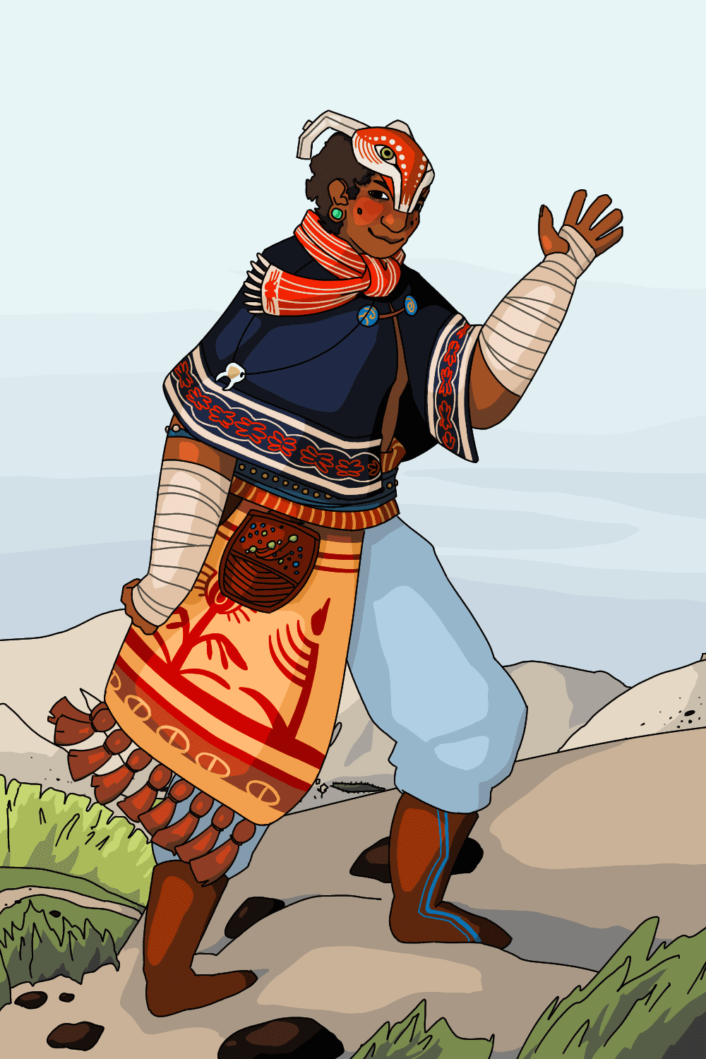 A digital picture of Nak-ouan. They are a round-faced brown person with several moles and curly hair cut very short. They wear an orange patterned scarf and a navy blue embroidered shawl; they have several multicolor sashes wrapped around their waist and from the belt is a small wood board studded with beads, a sword scabbard, and a suspender. Covering their legs are skirts of light blue and tan, the tan one being embroidered with lines and floral designs. Covering the top half of their face is a painted wood mask of a horned deer-like creature. They look at the viewer and smile, waving with one hand, as they step forward up a desert hill.