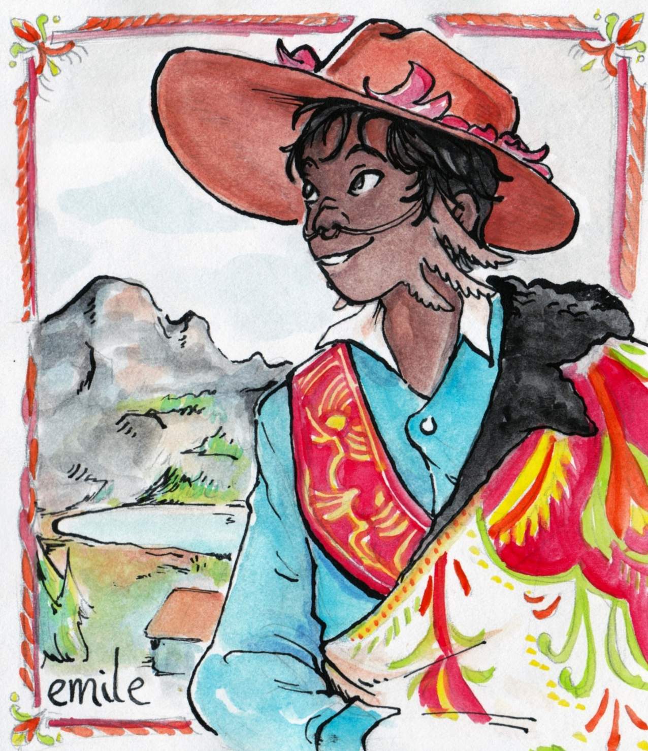 A watercolor portrait of Emile, a brown person, who sits smiling and looking to his left. He has a looped apparatus in his nostrils and curving around his cheeks and bearing axolotl-like gills on his cheeks. His black straight hair is cut short but falls out from under a wide-brimmed hat. He wears a blue collared shirt, and has both an embroidered cloak and red-and-yellow embroidered scarf falling over his shoulder. Mountains and lakes can be seen in the back.