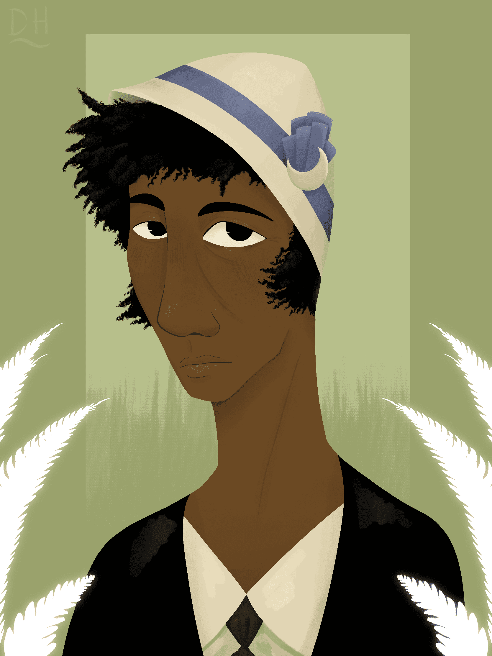 A digital bust of Florence Ledavsuk. She's a tired looking Black woman with her short hair under a white cloche hat with a lavender sash. Her shoulders are wrapped in a dark shawl. The background is pale green and framing the sides are glowing white fronds, similar to fern leaves, remniscient of her blood.