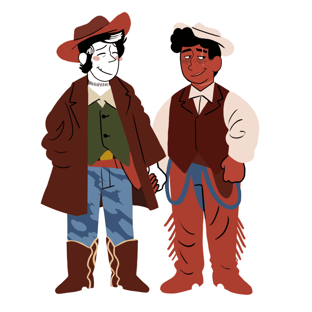 Oscar and Ulysses, two cowboys, hold hands with flustered smiles. Oscar is a long-faced pale man with half-white hair and sutures around his neck. He's clad with a loose brown duster over usual cowboy garb. Ulysses is a black man with a scar down the left side of his face and on his neck. His black curly hair poofs out the front from under his hat. They are drawn in a somewhat-retro toony style.