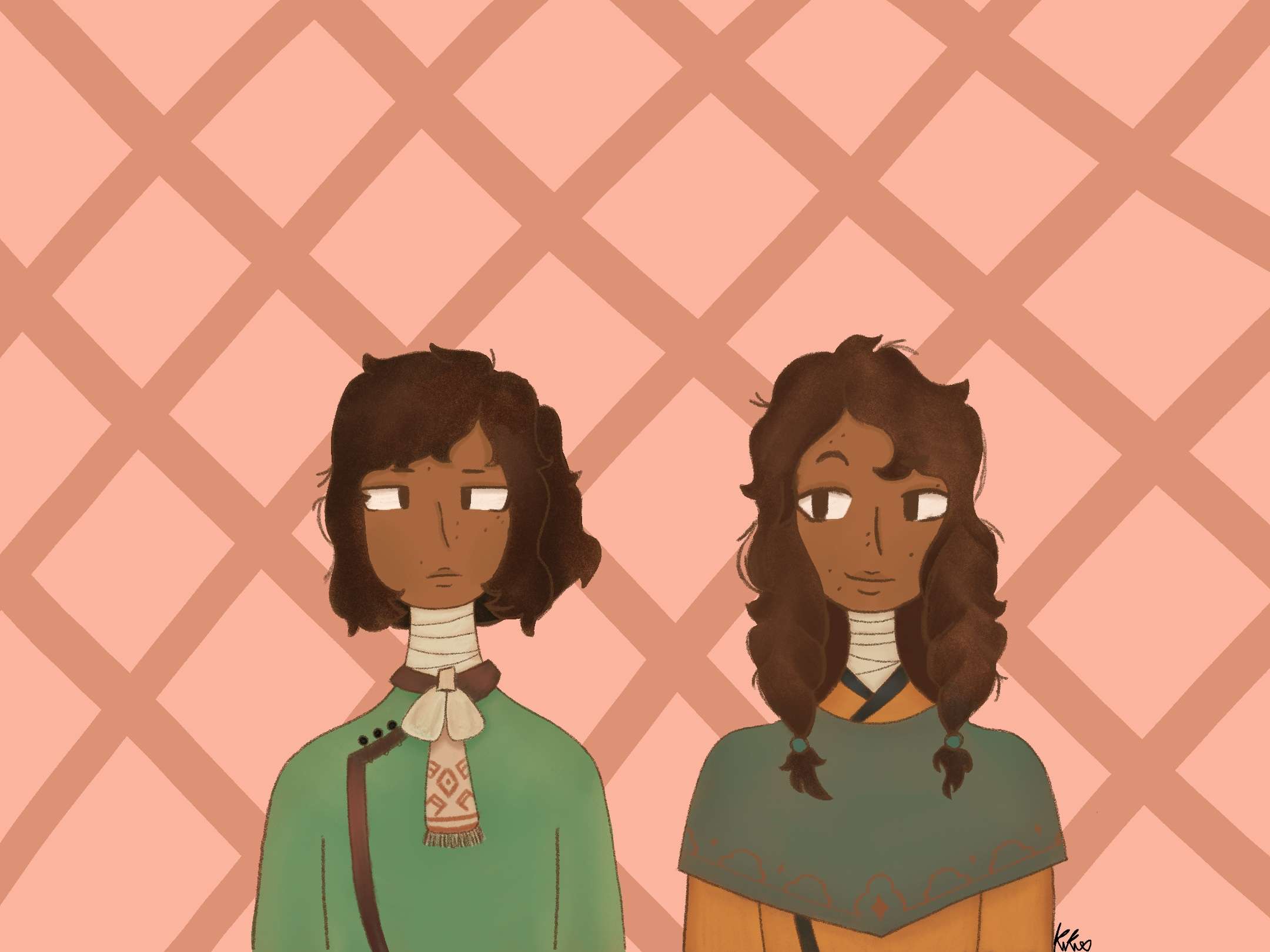 Over a pink check stripe background stand twins Pava and Isolia. Pava looks to the viewer neutrally while Isolia looks to him with a small smile