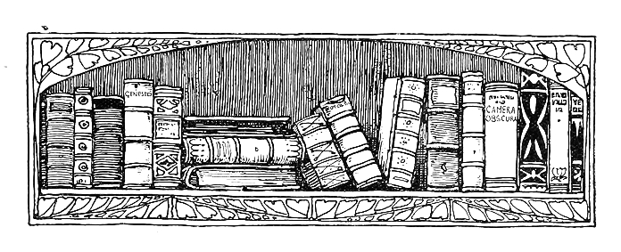 A vintage illustration of a bookshelf, filled with all sorts of old books.
