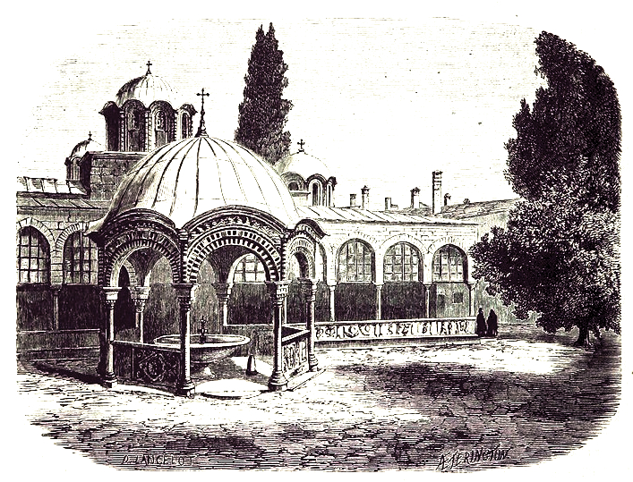 A vintage drawing of a building from the view of the garden, showing a gazebo with a fountain under it, and behind that an arcade with a row of windows.