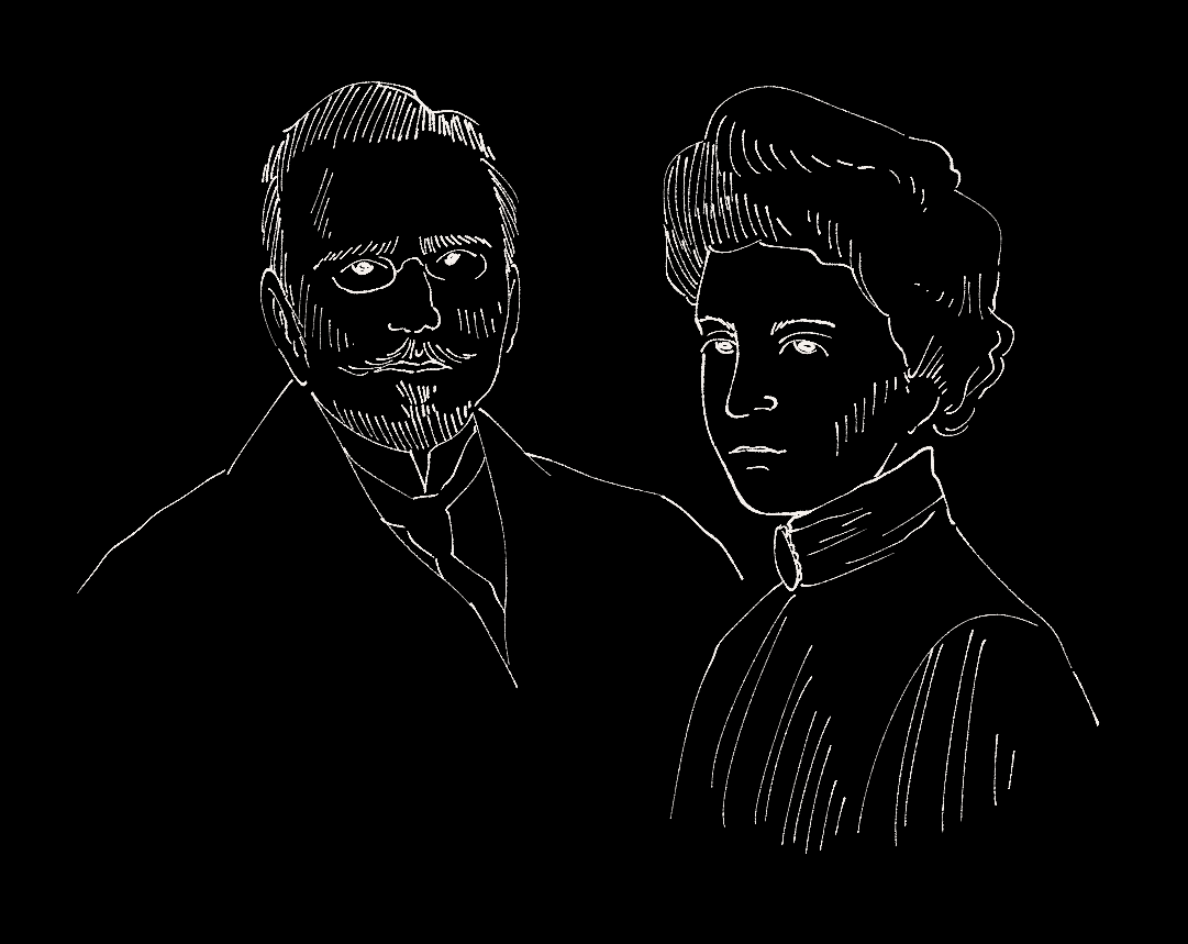 A sketch of Shostakovich's parents, a man with round pince-nez glasses and a moustache and goatee, and a woman with a voluminous updo.