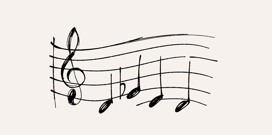 A sketch of the DSCH motif (D, E flat, C, B) notated on staff with the treble clef.